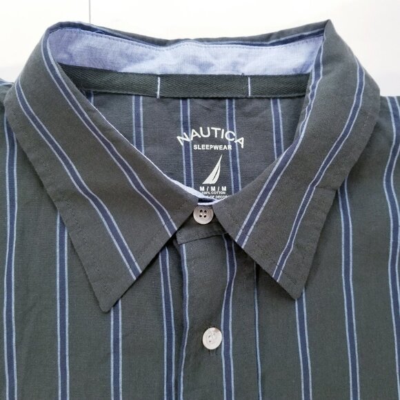 Nautica Sleepwear Shirt Men's Med Long Sleeve Button Up Green with Blue Stripes - Picture 6 of 11